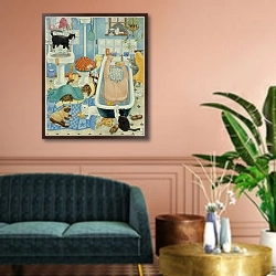 «Grandma and 10 cats in the bathroom» в интерьере классической гостиной над диваном