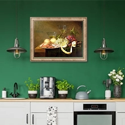 «A still life with glasses» в интерьере кухни с зелеными стенами