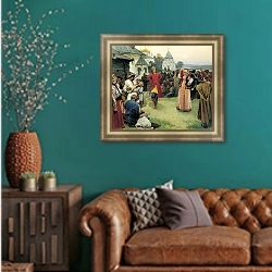 «Пляска. 1900» в интерьере классической гостиной с зеленой стеной над диваном