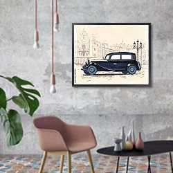 «Ретро-автомобиль в старом европейском городе 2» в интерьере кабинета в стиле лофт с кирпичными стенами