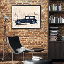 «Ретро-автомобиль в старом европейском городе 2» в интерьере кабинета в стиле лофт с кирпичными стенами