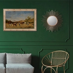 «An Arabian Camp, 1873» в интерьере классической гостиной с зеленой стеной над диваном