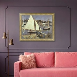«The Seine at Argenteuil, 1874» в интерьере гостиной с розовым диваном