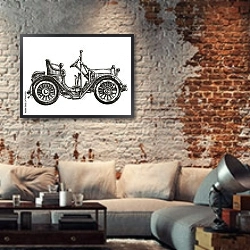 «Иллюстрация с ретро-автомобилем» в интерьере гостиной в стиле лофт с кирпичной стеной