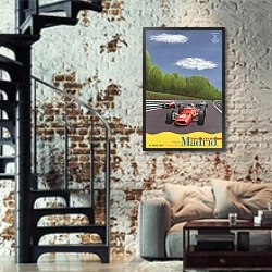 «Автогонки 130» в интерьере двухярусной гостиной в стиле лофт с кирпичной стеной