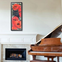 «Black Cat with Poppies» в интерьере классической гостиной над камином