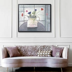 «Anemones and Poppies, 2008 jug; flowers; still life; inetrior; window; table; white jug;» в интерьере гостиной в классическом стиле над диваном