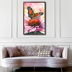 «Красная бабочка на цветке, акварель» в интерьере гостиной в классическом стиле над диваном