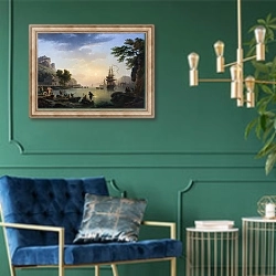 «Пейзаж на закате» в интерьере в классическом стиле с зеленой стеной