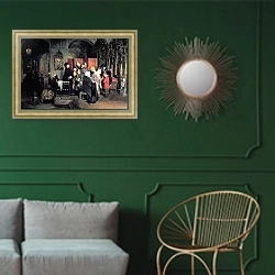 «Before the Confession, 1877» в интерьере классической гостиной с зеленой стеной над диваном