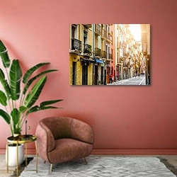 «Античная улица. Памплона, Наварра, Испания» в интерьере современной гостиной в розовых тонах