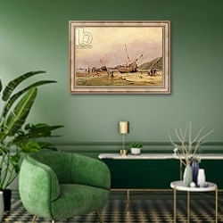 «Calais Sands, 1831» в интерьере гостиной в зеленых тонах