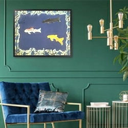 «Ornamental Fish» в интерьере зеленой гостиной над диваном