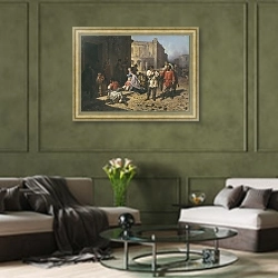 «В осажденном Севастополе. 1862» в интерьере гостиной в оливковых тонах