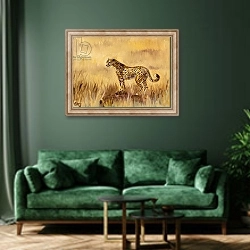 «Cheetah in grass 1, 2013,» в интерьере зеленой гостиной над диваном