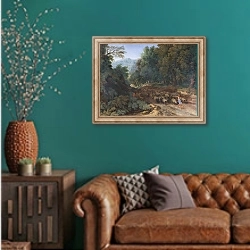 «Пейзаж с пастухом и его стадом» в интерьере гостиной с зеленой стеной над диваном