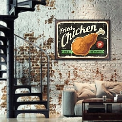 «Ретро вывеска с жареной курицей» в интерьере двухярусной гостиной в стиле лофт с кирпичной стеной