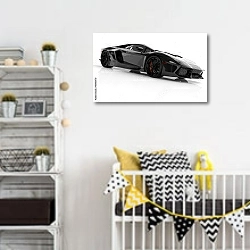 «Черный спортивный автомобиль 1» в интерьере детской комнаты для мальчика с желтыми деталями