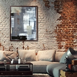 «Серая  абстракция с белыми прямоугольниками» в интерьере гостиной в стиле лофт с кирпичной стеной