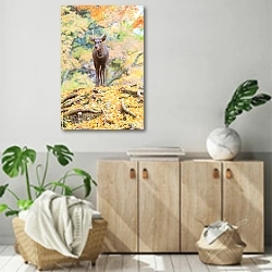 «Молодой олень в осеннем лесу» в интерьере современной комнаты над комодом