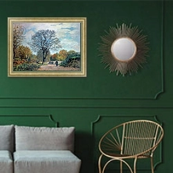 «A Road in Seine-et-Marne, 1878» в интерьере классической гостиной с зеленой стеной над диваном