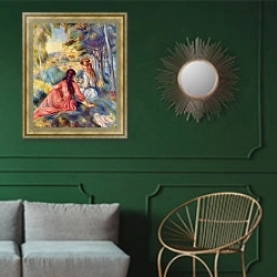 «Девушки на лугу» в интерьере классической гостиной с зеленой стеной над диваном