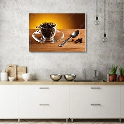 «Чашка, наполненная кофейными зёрнами» в интерьере современной кухни над раковиной