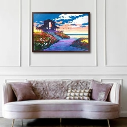 «Домик на цветущем берегу» в интерьере гостиной в классическом стиле над диваном