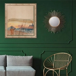 «Landscape» в интерьере классической гостиной с зеленой стеной над диваном