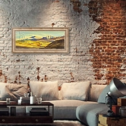 «Skye landscape, Quaraing study, 2016,» в интерьере гостиной в стиле лофт с кирпичными стенами