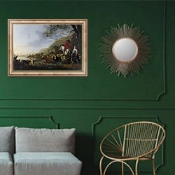 «Холмистый пейзаж с людьми» в интерьере классической гостиной с зеленой стеной над диваном