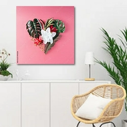 «Тропические листья и цветы в форме сердца» в интерьере гостиной в скандинавском стиле над комодом