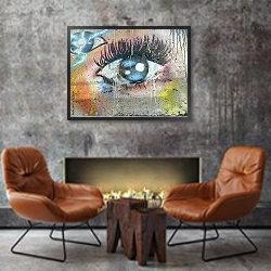«Глаз, стрит арт» в интерьере в стиле лофт с черной кирпичной стеной