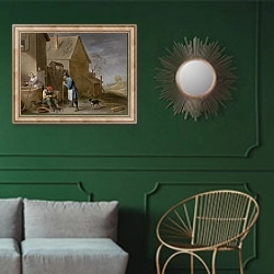 «Крестьяне, за едой мидий на ферме» в интерьере классической гостиной с зеленой стеной над диваном