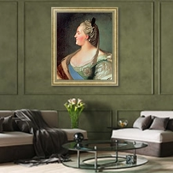 «Portrait of Empress Catherine II the Great, after 1763» в интерьере гостиной в оливковых тонах