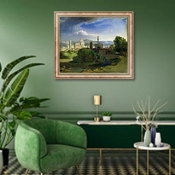 «View over Florence, c.1829» в интерьере гостиной в зеленых тонах