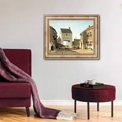 «Een stadspoort te Leerdam» в интерьере гостиной в бордовых тонах