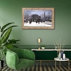 «The Place du Chatelet, Paris» в интерьере гостиной в зеленых тонах