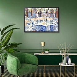 «The Blue Fountain, 2000» в интерьере классической гостиной с зеленой стеной над диваном