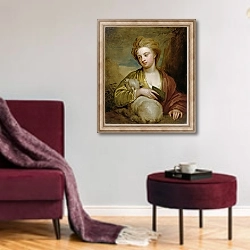 «Portrait of a Woman as St. Agnes, traditionally identified as Catherine Voss, c.1705-10» в интерьере гостиной в бордовых тонах