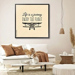 «Ретро самолет с цитатой Life is a journey, enjoy the flight » в интерьере светлой гостиной в стиле ретро
