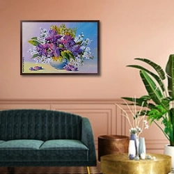 «Красочный букет цветов на столе в вазе» в интерьере классической гостиной над диваном