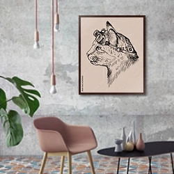 «Портрет кошки в стиле стимпанк» в интерьере в стиле лофт с бетонной стеной