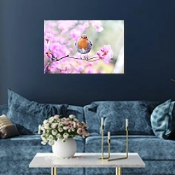 «Весенняя птица 2» в интерьере современной гостиной в синем цвете
