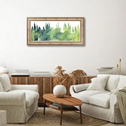 «Акварельный еловый лес» в интерьере современной светлой гостиной над комодом