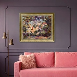 «Пейзаж с видом на Сакре-Кёр» в интерьере гостиной с розовым диваном
