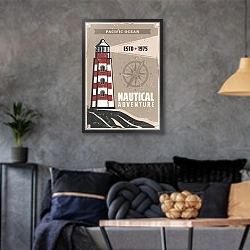 «Морской маяк, ретро постер» в интерьере гостиной в стиле лофт в серых тонах