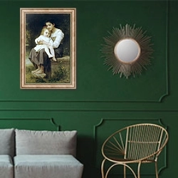 «Старшая сестра» в интерьере классической гостиной с зеленой стеной над диваном