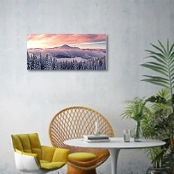 «Зимний горный пейзаж в закатное время» в интерьере современной гостиной с желтым креслом