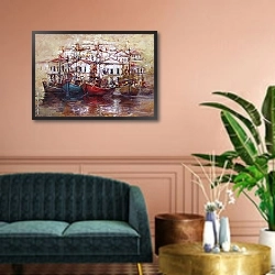 «Лодки в гавани #6» в интерьере классической гостиной над диваном